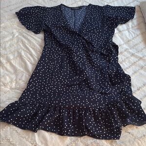 Elegant Navy Polka Dot Wrap Dress